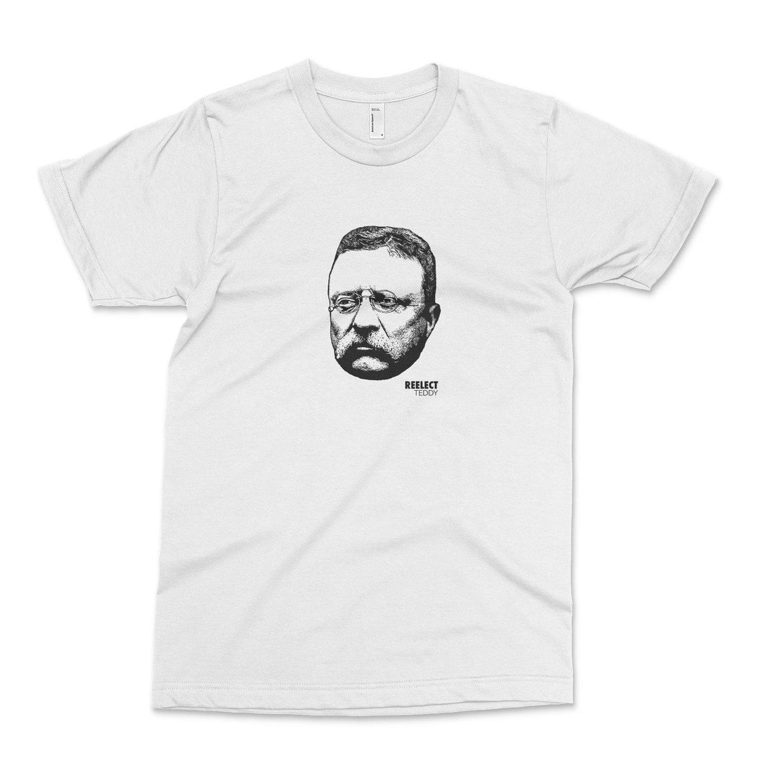 white Theodore roosevelt men's and unisex t-shirt with head of the American president and text that reads reelect teddy